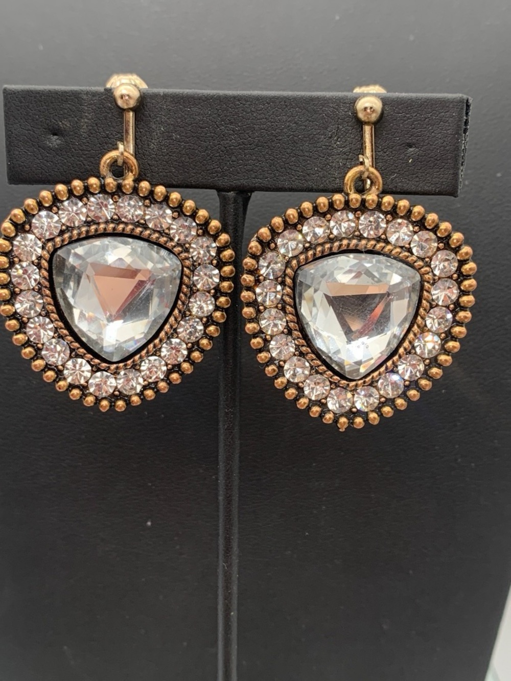 Gold-Tone faceted glass Crystal Drop clip on Earrings with Clear Center Stone